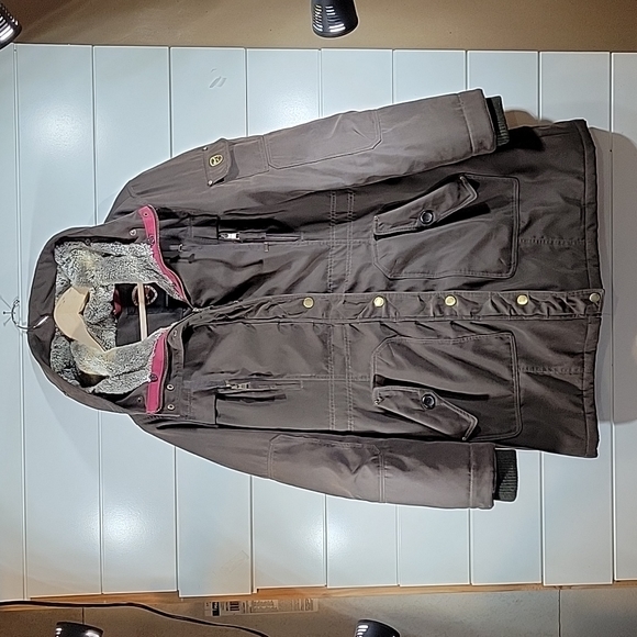 1 Madison Expedition brown faux fur lined long hooded coat jacket size large - Picture 1 of 3